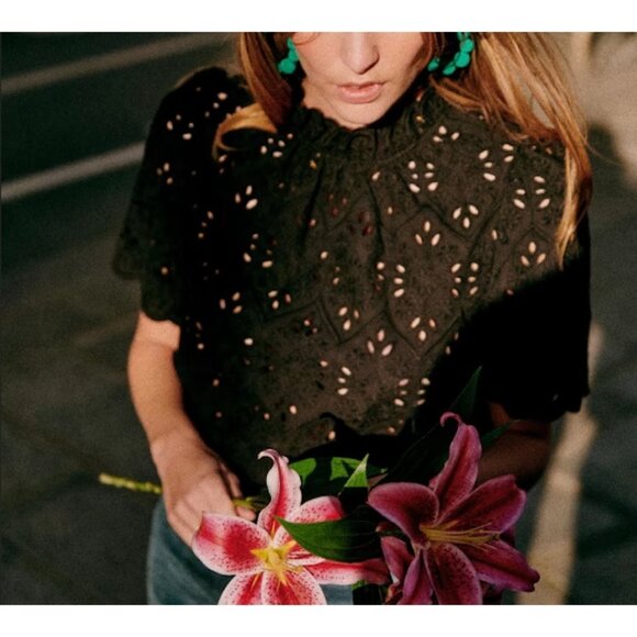 NWT Sezane Louisah Blouse in Noir Black Sheer Eyelet Ruffle Neck Top 46 US 14 - Picture 9 of 10